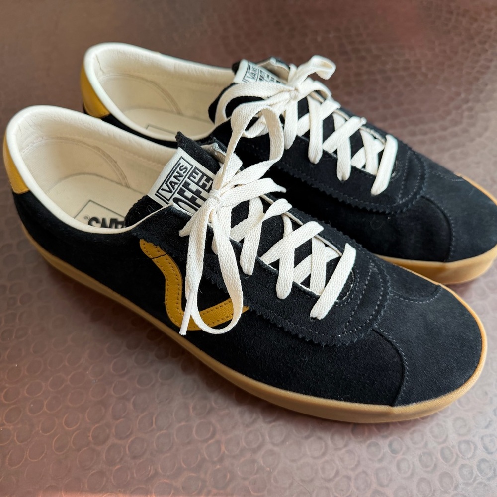 Vans Black Suede Sneakers with Yellow Side Stripe and Gum Sole